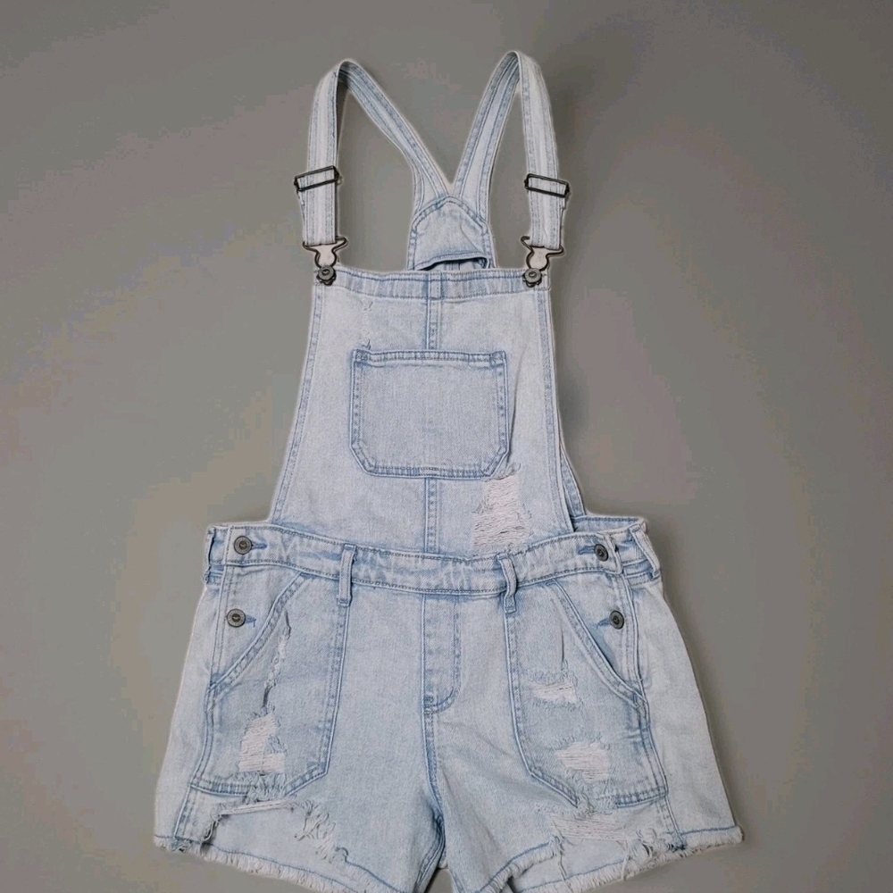 Hollister Light Blue Denim Short Overalls with Metal Hardware
